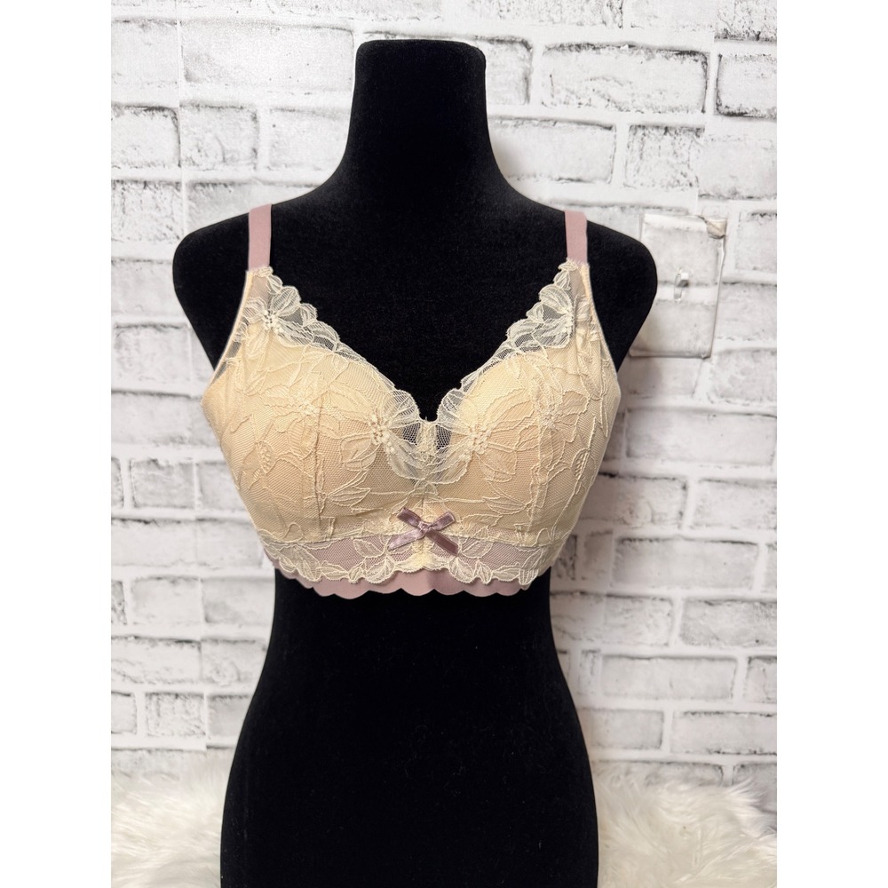 Wireless Floral Lace Bra Dusty Rose Beige Lightly Padded Adjustable Straps - Picture 1 of 8